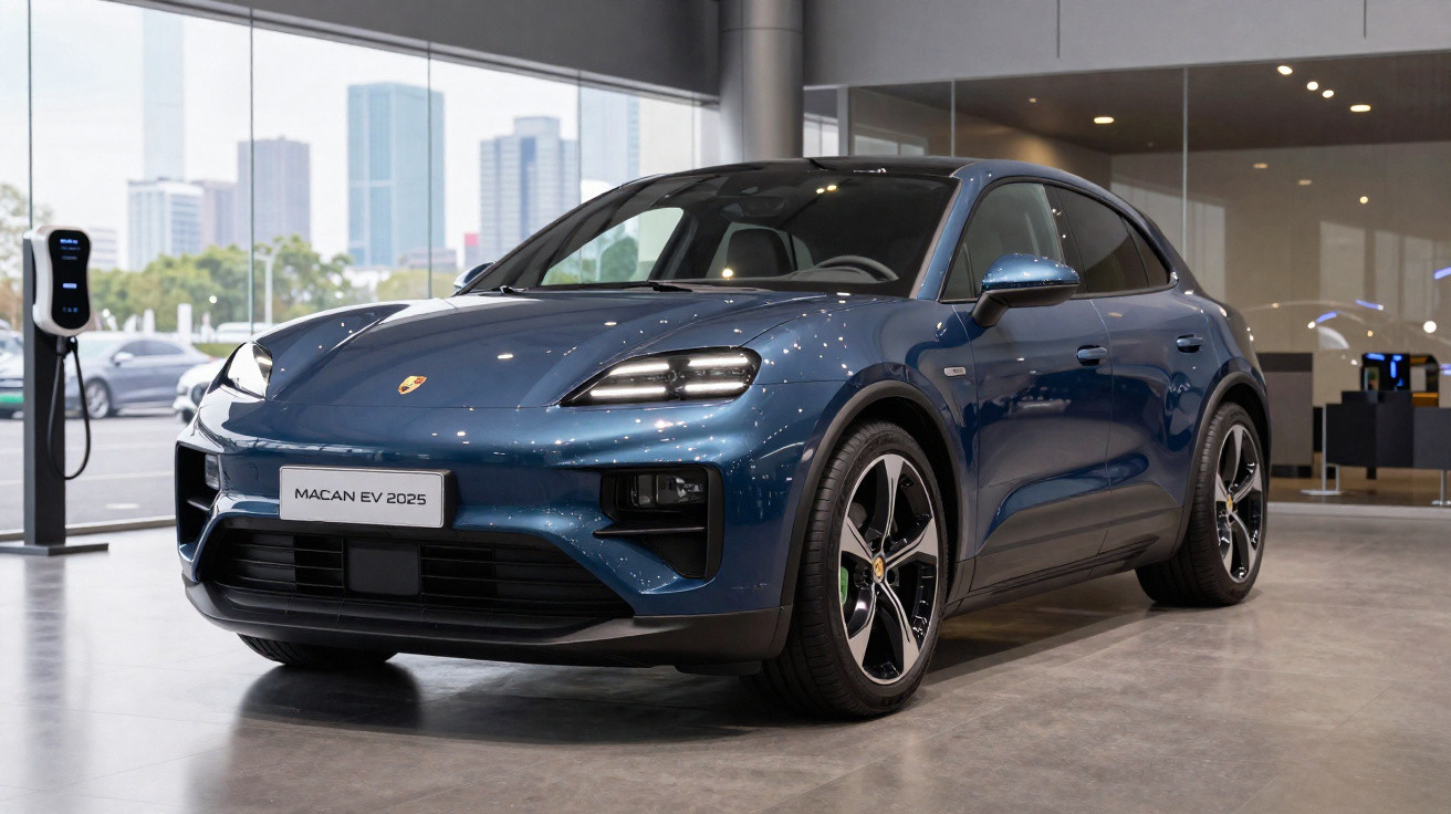Carro elétrico azul Porsche Macan EV 2025 exibido em showroom moderno com carro e carregadores ao fundo.