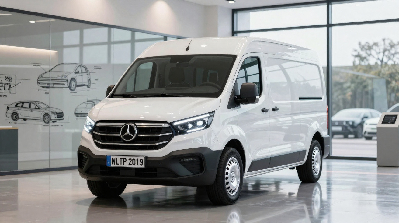 Van branca parada em showroom moderno com piso brilhante e paredes de vidro.