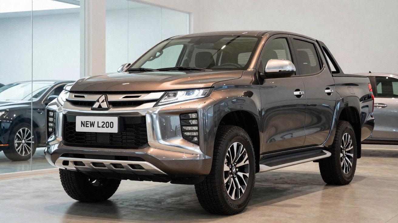 Picape Mitsubishi New L200 marrom exibida em showroom branco, vista frontal e lateral direita.