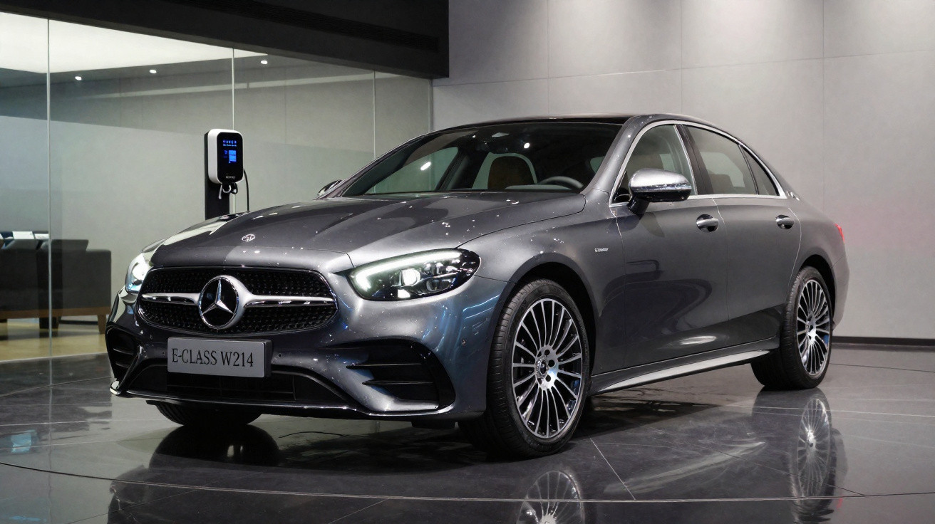 Carro Mercedes-Benz E-Class W214 cinza prata estacionado em ambiente interno moderno e iluminado.