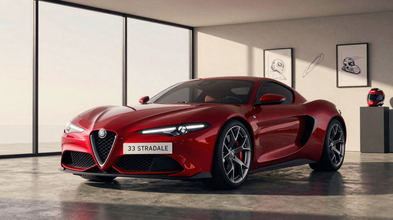 Carro esportivo vermelho Alfa Romeo Giulia GTA estacionado em ambiente interno moderno e iluminado.