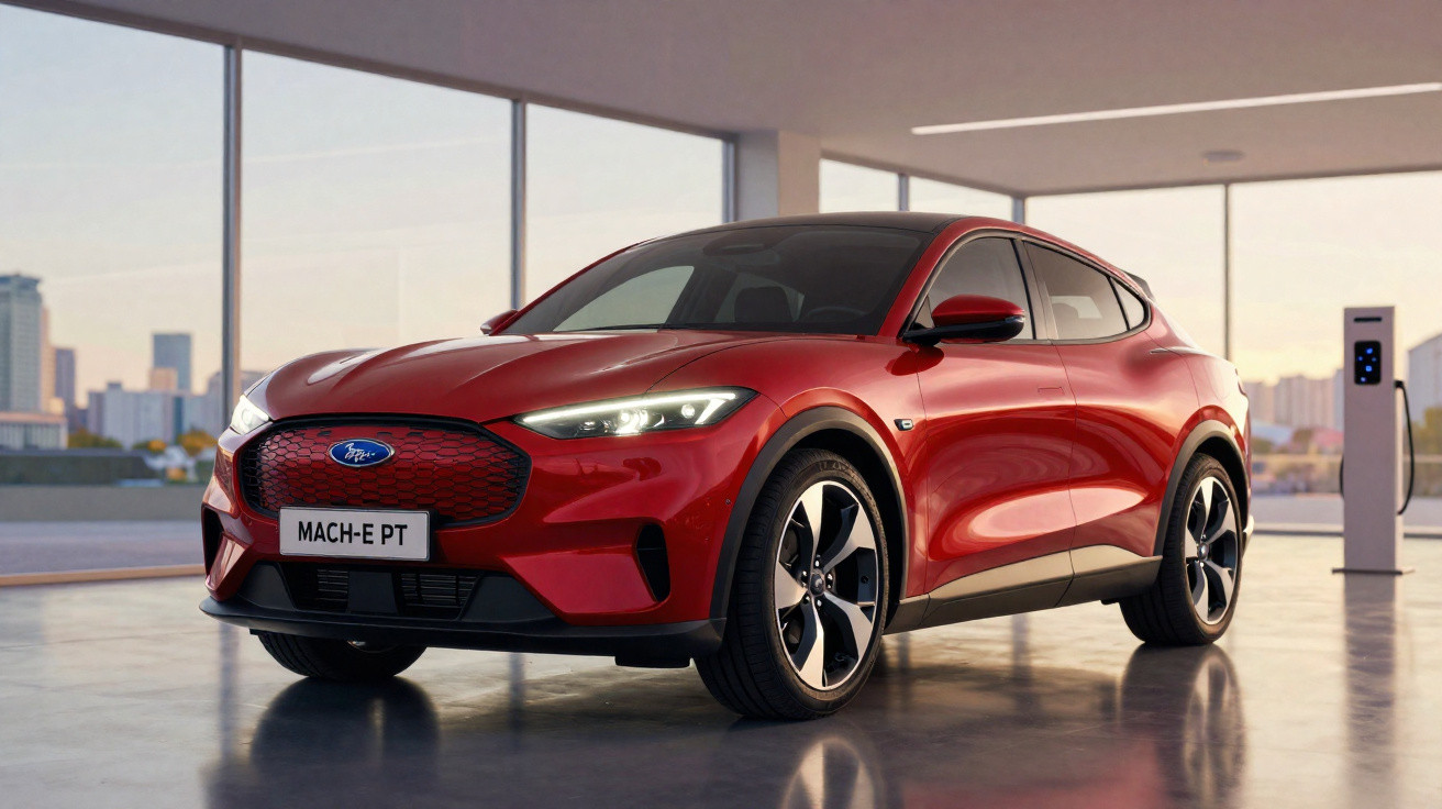 Carro elétrico Ford Mustang Mach-E vermelho estacionado em ambiente moderno com estação de recarga.