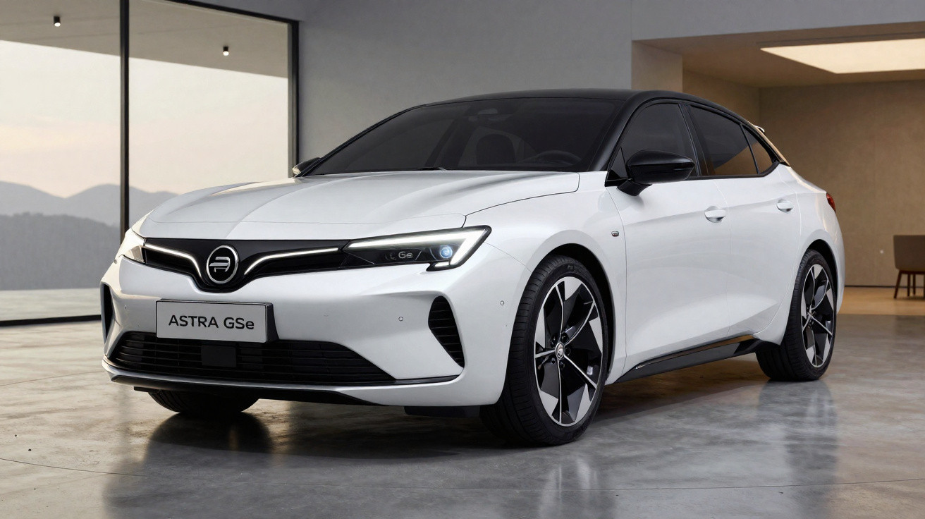 Carro elétrico branco Opel Astra GSe estacionado em ambiente interno moderno e iluminado.