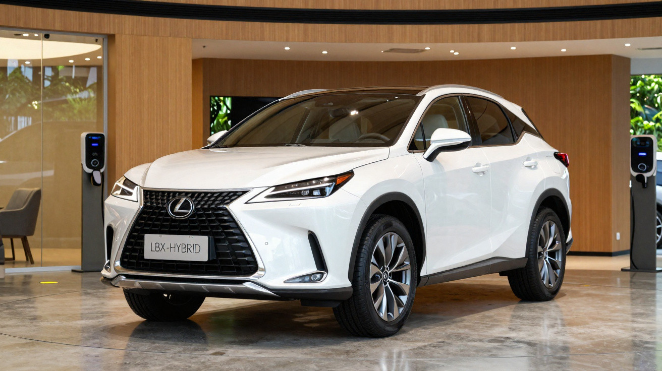 Carro Lexus branco modelo LBX Hybrid exibido em showroom moderno com piso de mármore e parede de madeira.