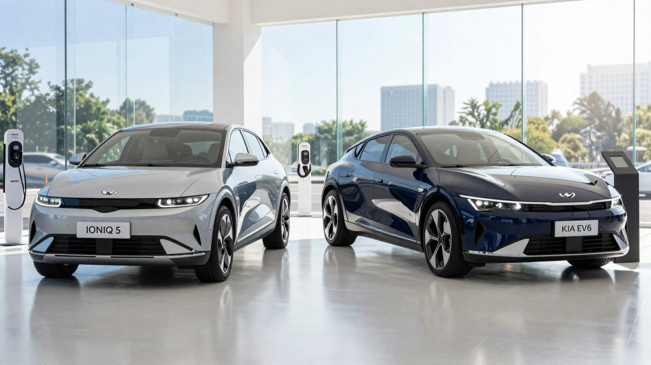 Dois carros elétricos, Hyundai Ioniq 5 prata e Kia EV6 azul, em showroom moderno com iluminação natural.