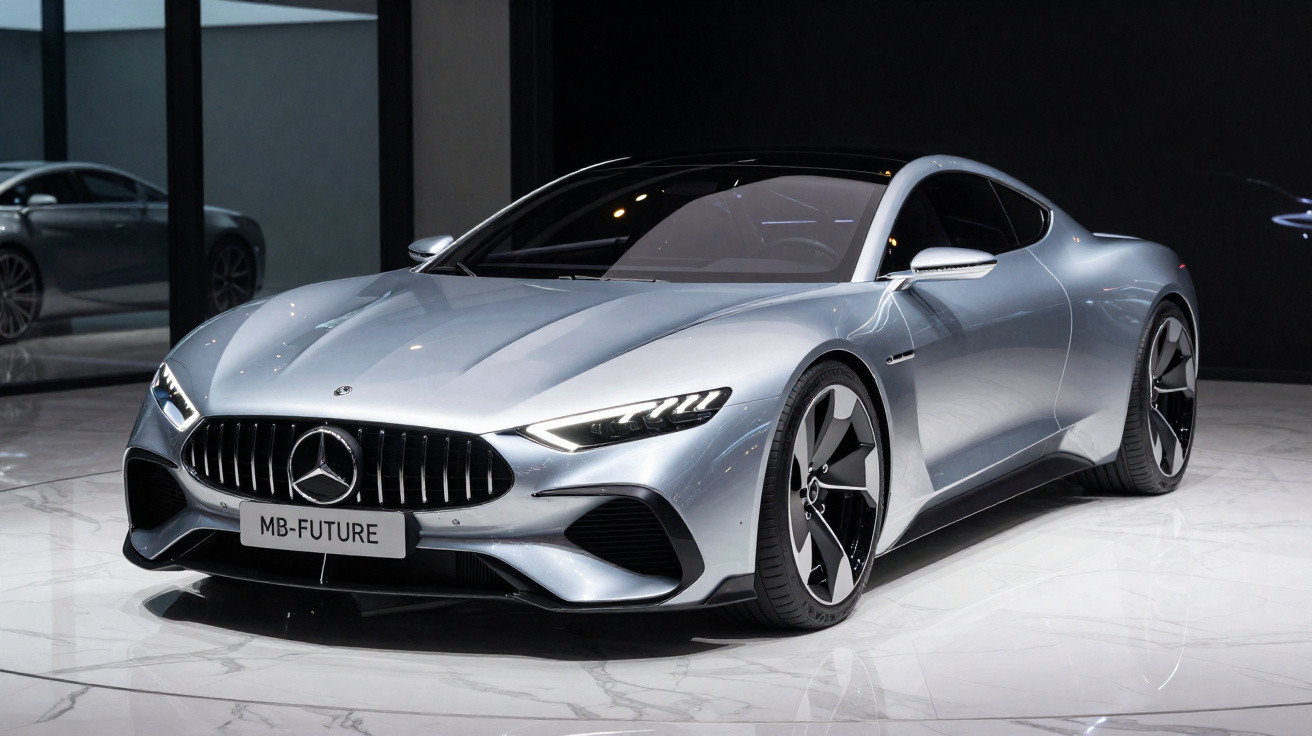 Carro esportivo prata Mercedes-Benz MB-FUTURE exibido em showroom moderno com piso branco brilhante.
