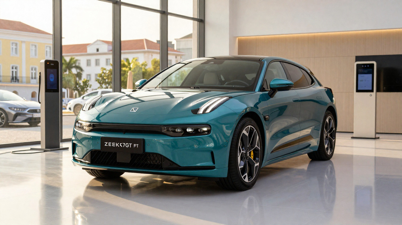 Carro elétrico Zeekr azul em showroom moderno com pedestal de carregamento ao lado.