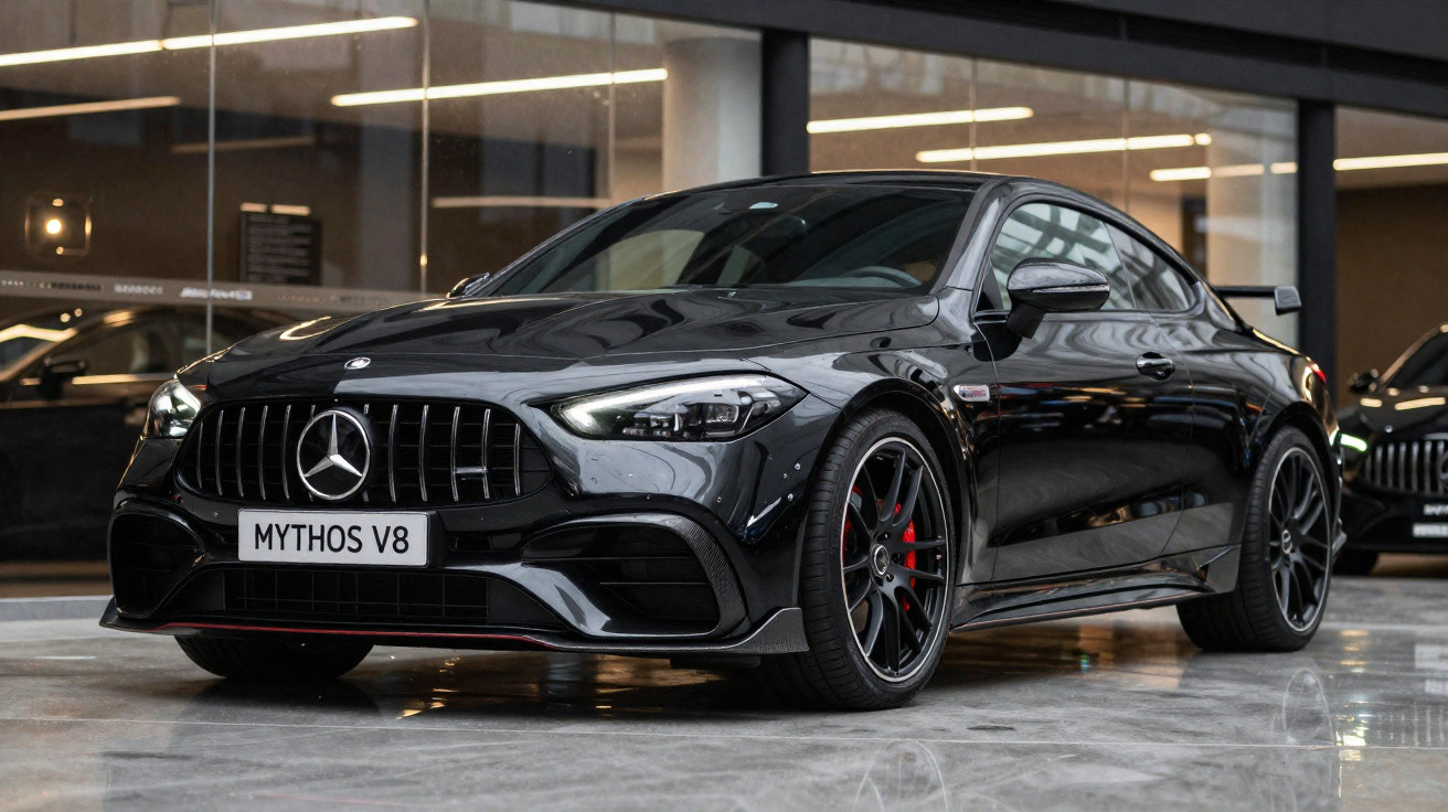 Carro esportivo Mercedes-Benz AMG preto fosco com detalhes vermelhos em exposição interna.