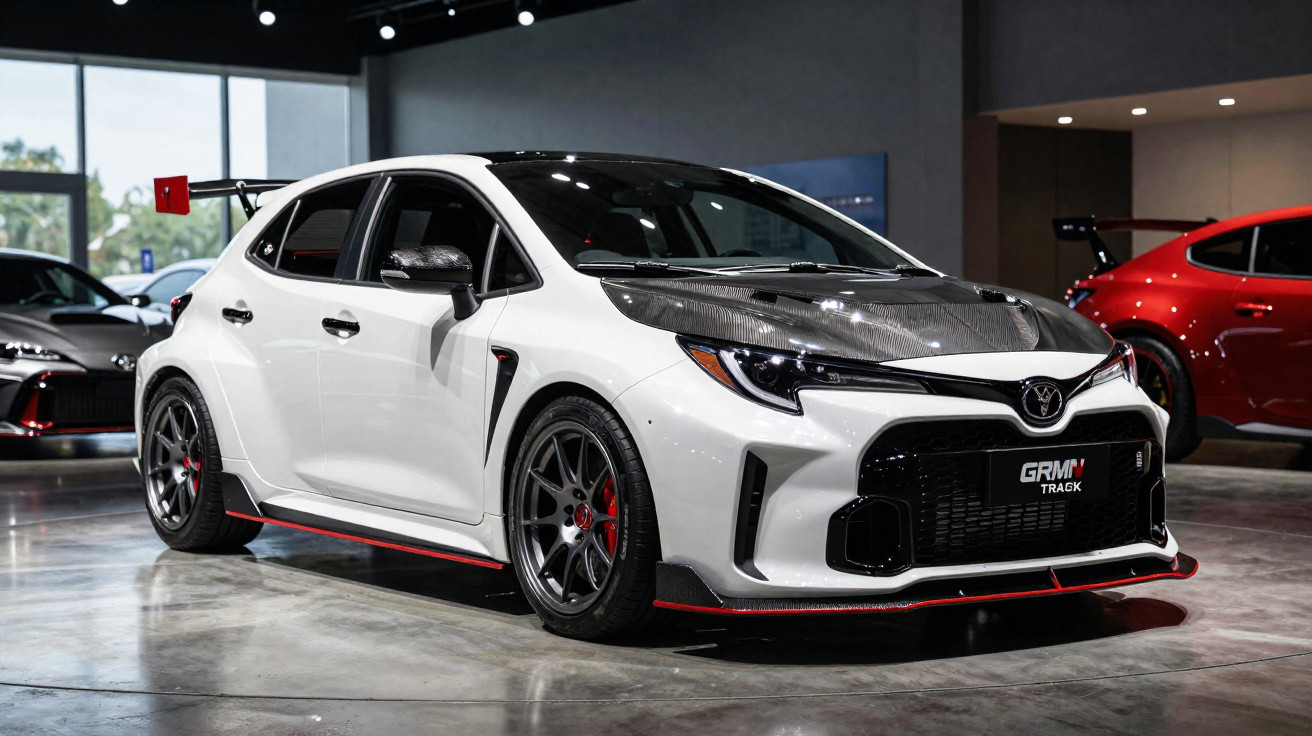 Carro esportivo branco com capô de fibra de carbono, rodas pretas e aerofólio em showroom.