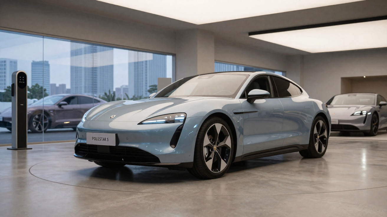 Carro elétrico Polestar 5 prata em showroom moderno com estação de recarga ao fundo.