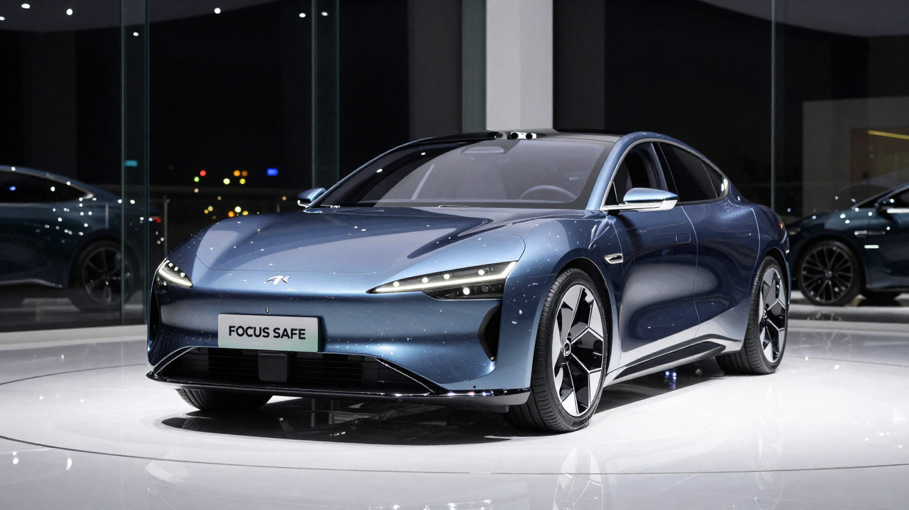 Carro elétrico azul escuro com design moderno exibido em ambiente interno iluminado.