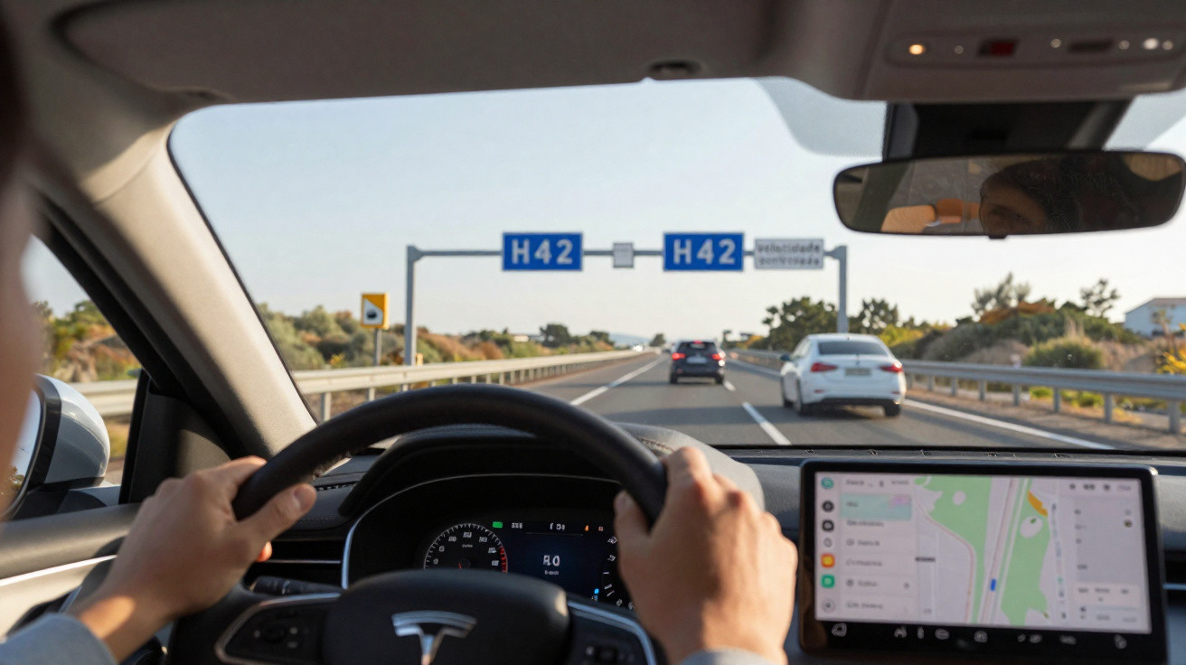 Pessoa dirigindo um Tesla em rodovia com painel GPS e placas indicando H42 e velocidade controlada.