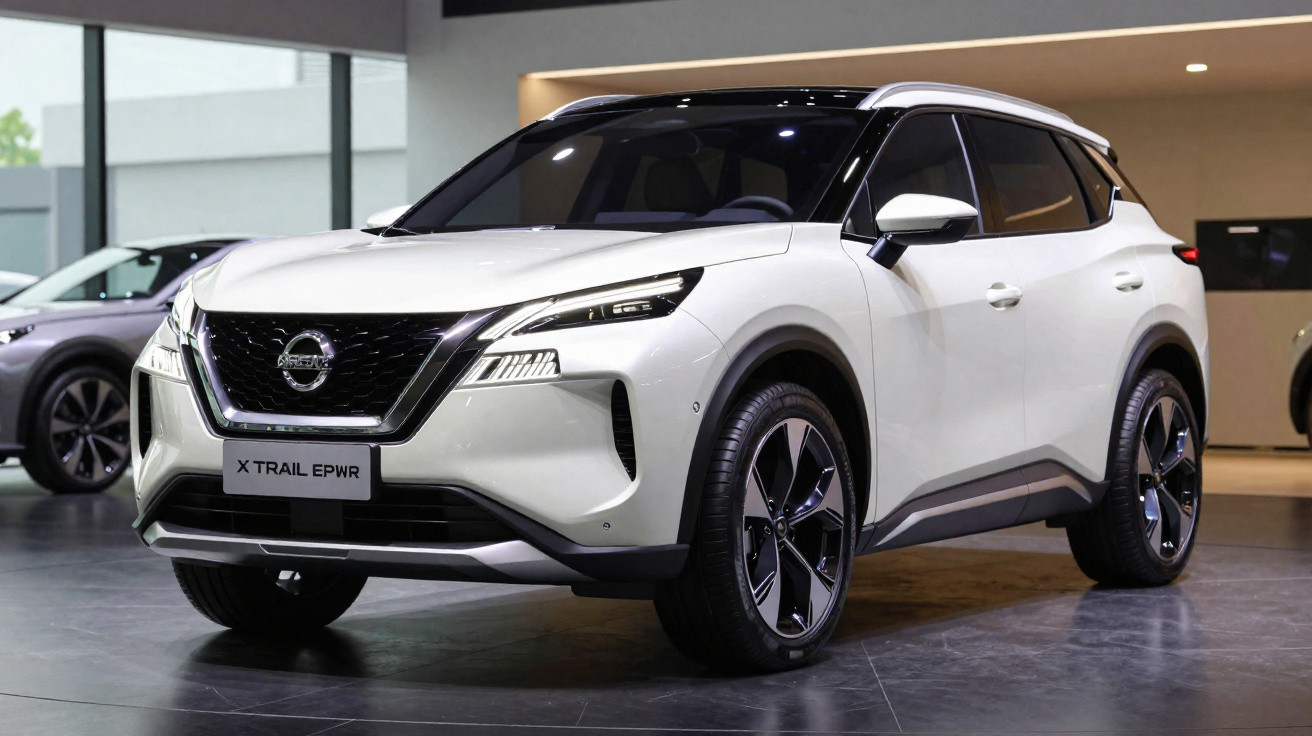 SUV branco Nissan Xtrail EPWR estacionado em showroom moderno com iluminação interna.