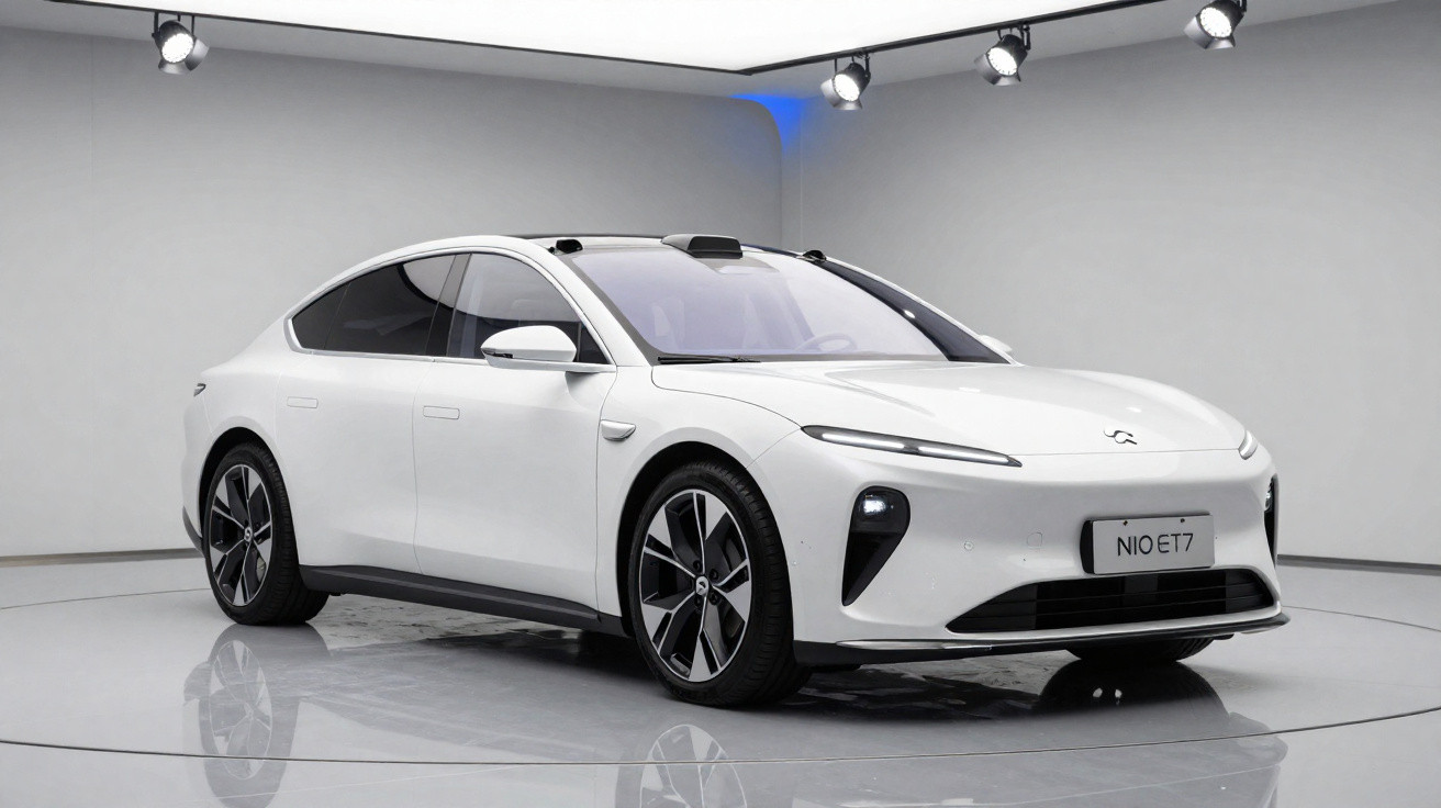 Carro elétrico branco NIO ET7 em exposição com design moderno e aerodinâmico em ambiente interno.