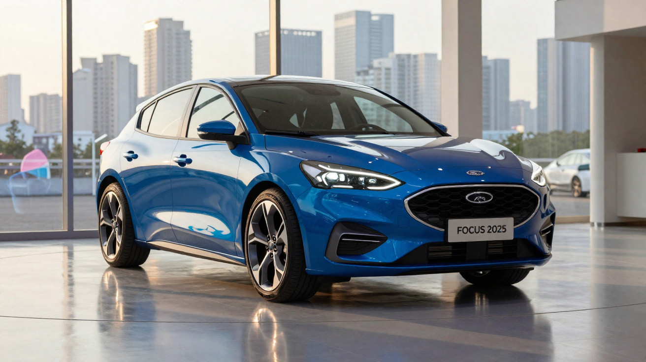 Carro azul Ford Focus 2025 estacionado em espaço interno com janelas e vista de prédios ao fundo.