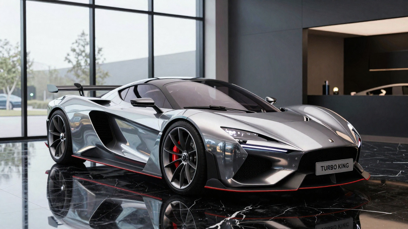 Carro esportivo prata com detalhes vermelhos estacionado em garagem moderna e iluminada.