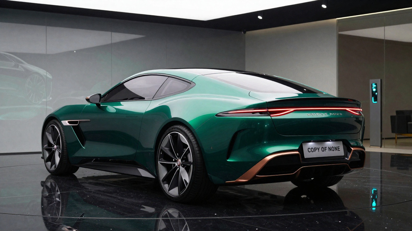 Carro esportivo verde metálico exposto em ambiente moderno com recarga elétrica ao fundo.