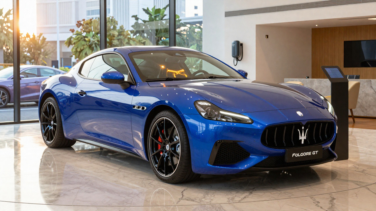Carro esportivo azul Maserati Folgore GT exposto em showroom moderno com piso de mármore.