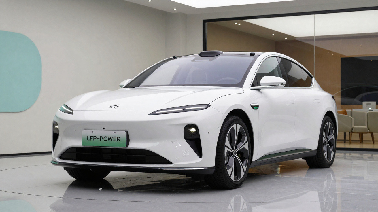 Carro elétrico branco modelo sedã exposto em ambiente interno moderno com placas verdes LFP-POWER.
