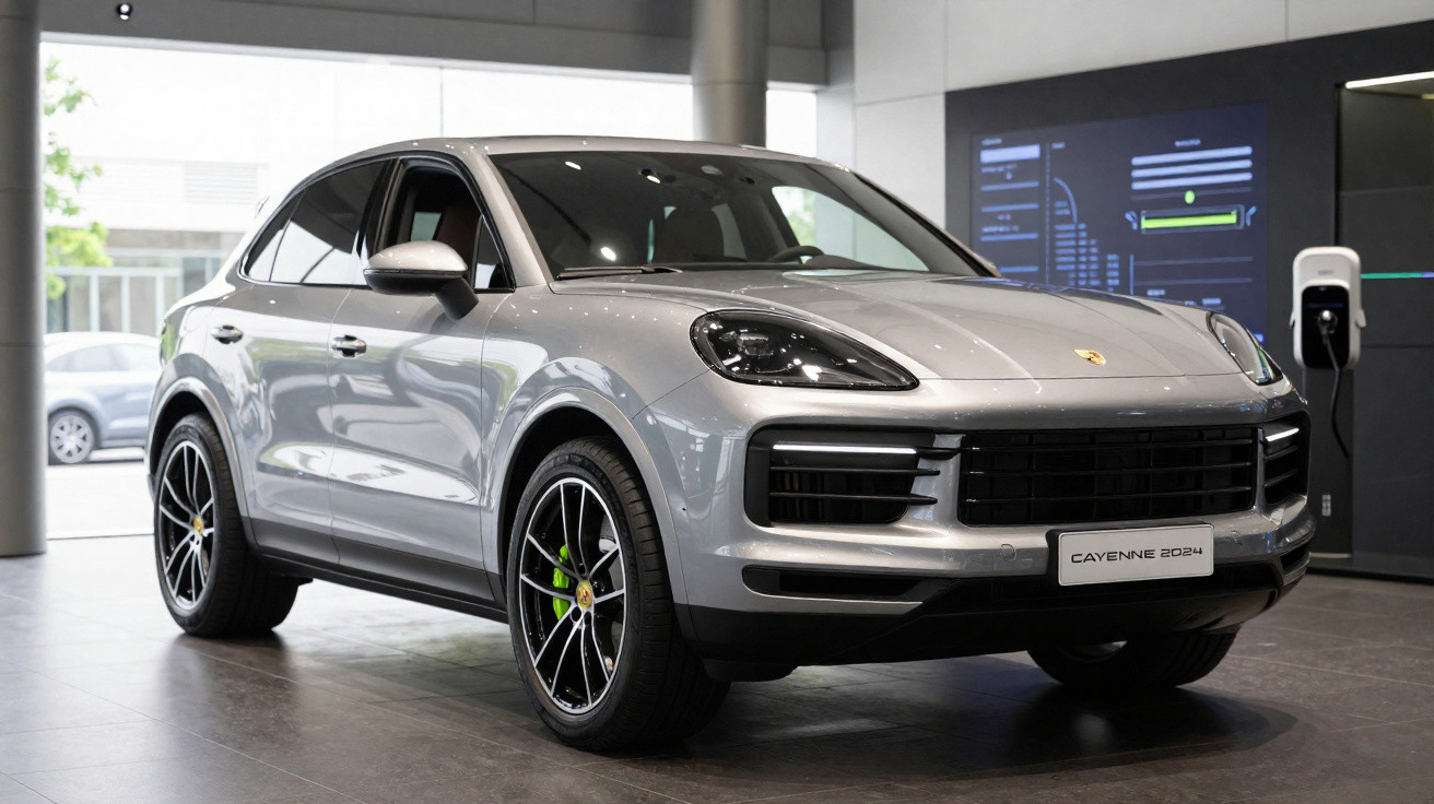 SUV Porsche Cayenne 2024 cinza em exposição dentro de showroom moderno e iluminado.
