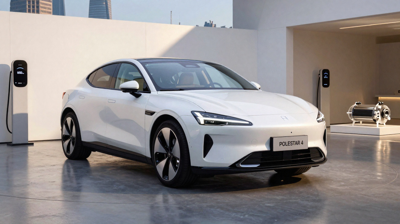 Carro elétrico branco Polestar 4 estacionado em piso de concreto com carregador e motor exposto ao fundo.