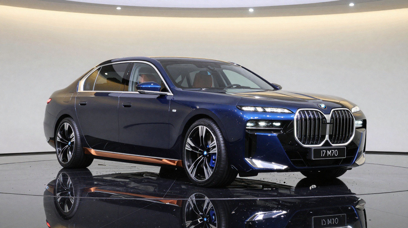 Carro sedan BMW 7 M70 azul escuro em exposição com acabamento em detalhes cobre.