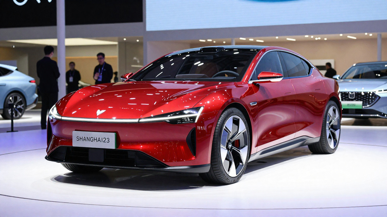 Carro elétrico esportivo vermelho exibido em salão automotivo, com design futurista e rodas grandes.