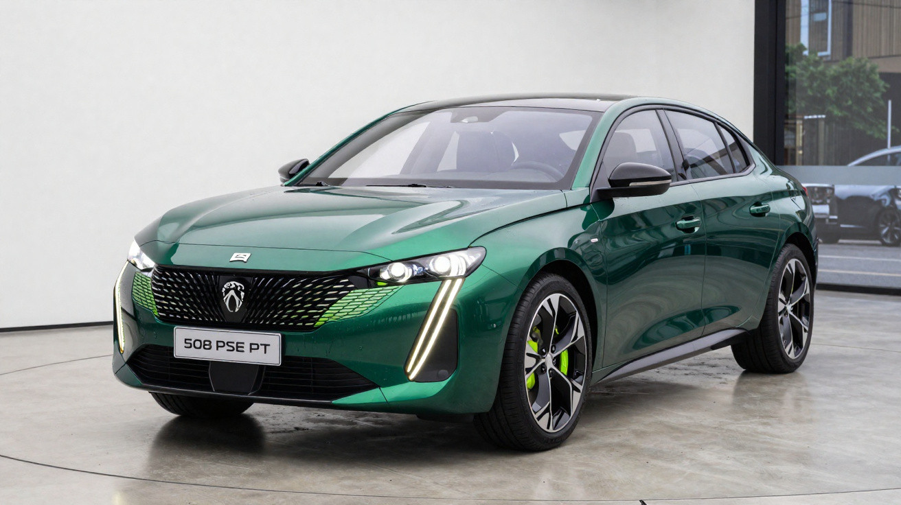 Carro sedan verde metálico Peugeot 508 PSE PT estacionado em ambiente interno moderno.