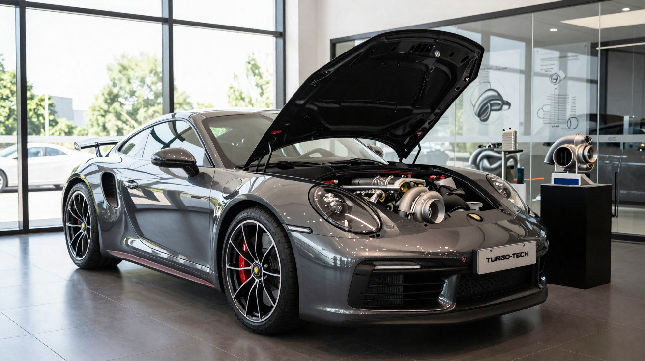 Carro esportivo cinza com capô aberto mostrando motor turbo em showroom moderno iluminado.
