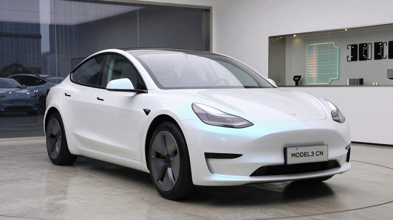 Carro elétrico Tesla Model 3 branco estacionado em ambiente interno moderno.