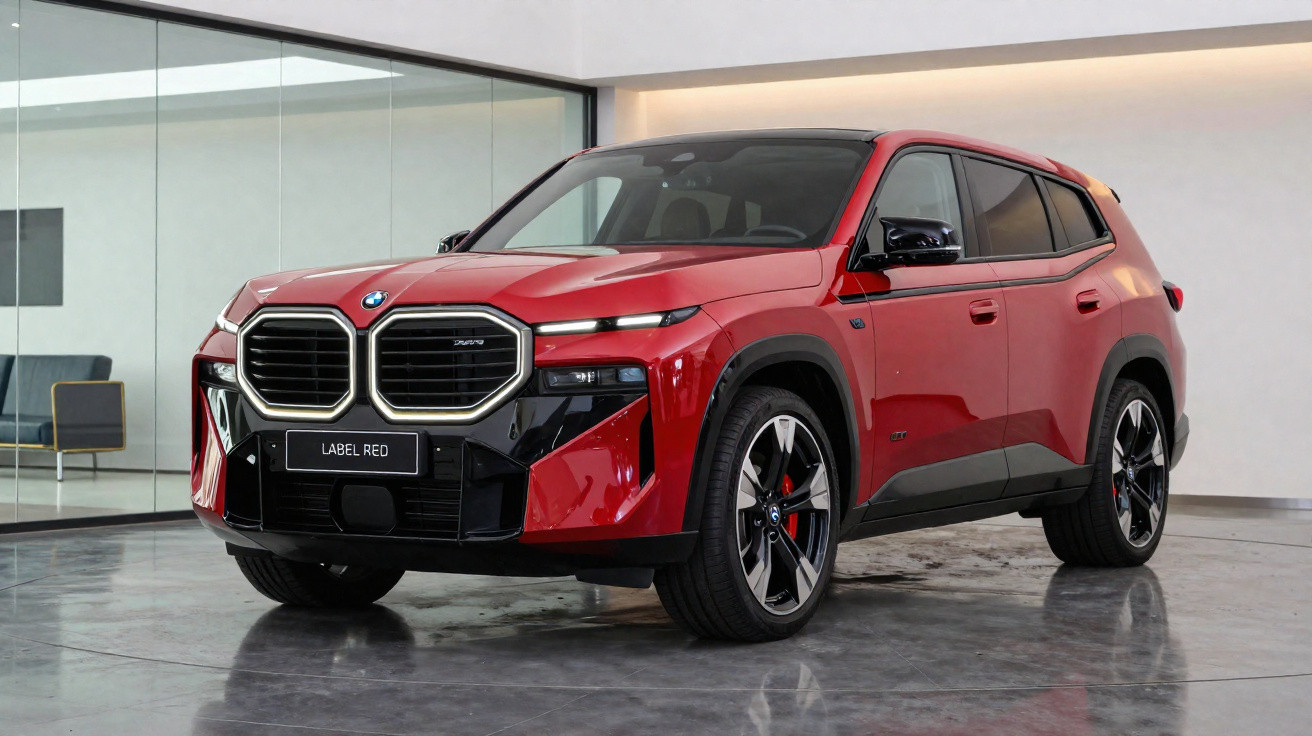 SUV vermelho da BMW com faróis em formato de rim iluminados, em ambiente interno moderno.