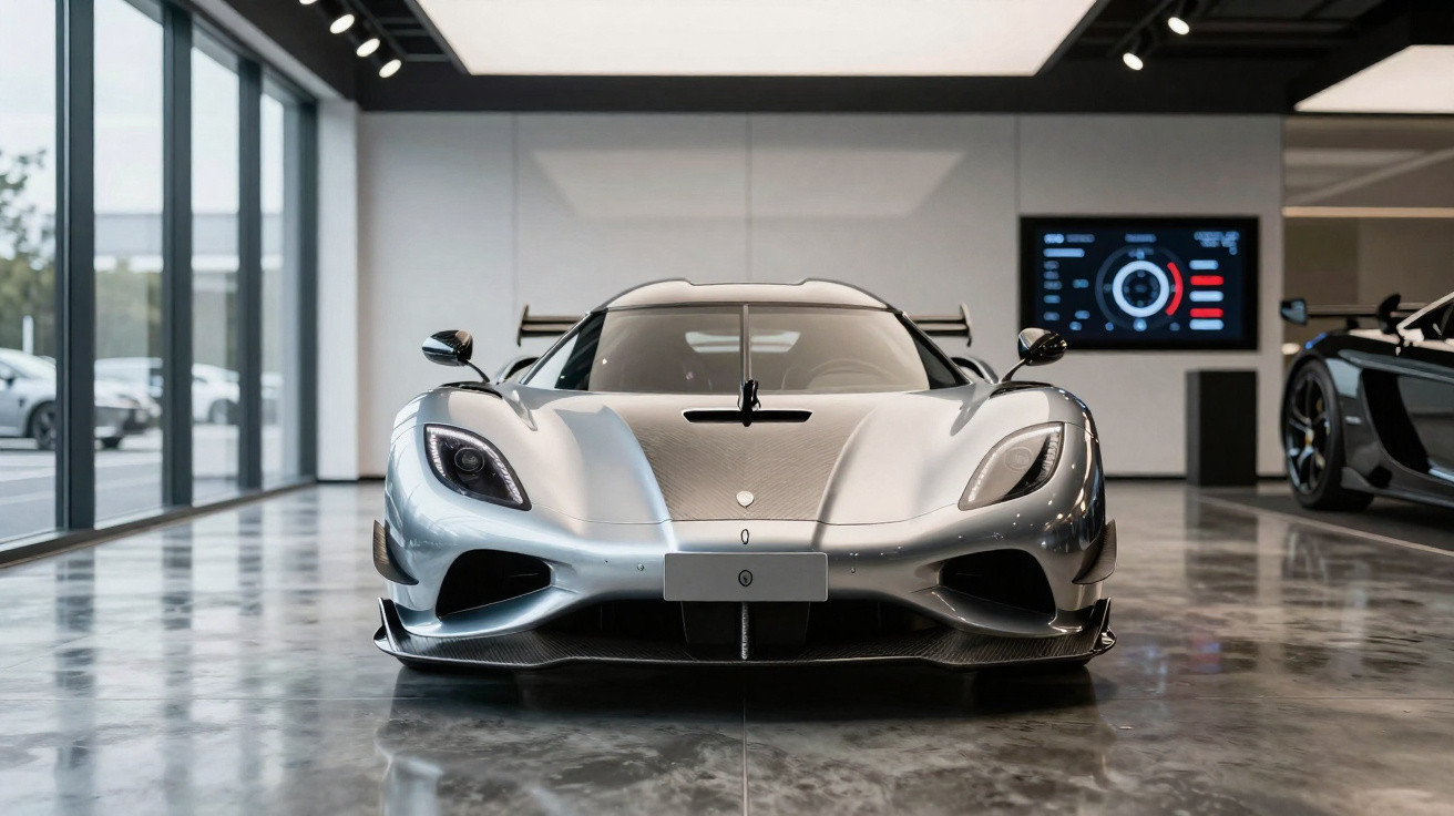 Carro esportivo prata Koenigsegg Jesko500 em showroom com piso de mármore e paredes de vidro.