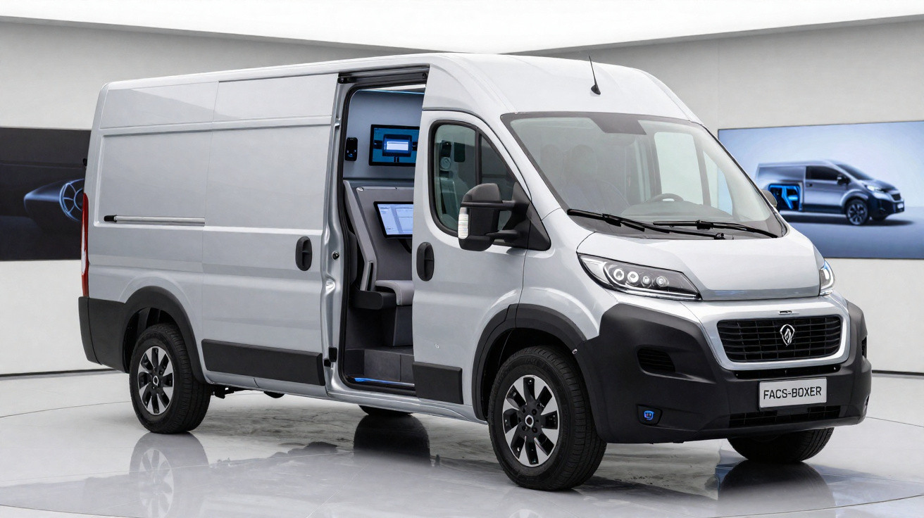 Van FACS-BOXER cinza com porta lateral deslizante aberta em ambiente interno moderno.