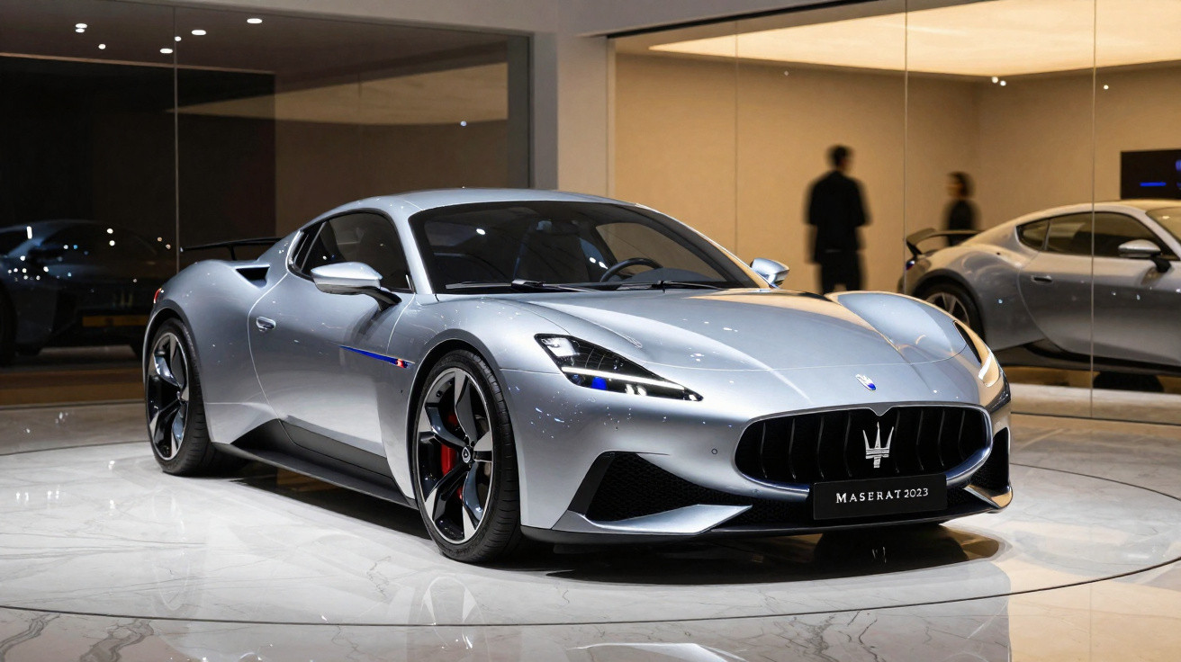 Carro esportivo Maserati 2023 azul claro em showroom com piso de mármore refletivo.