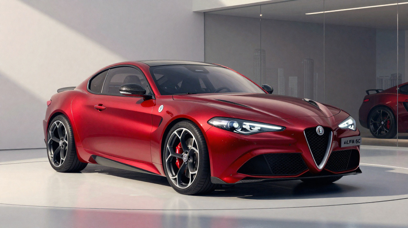 Carro esportivo vermelho Alfa Romeo 6C estacionado em ambiente moderno com prédios ao fundo.