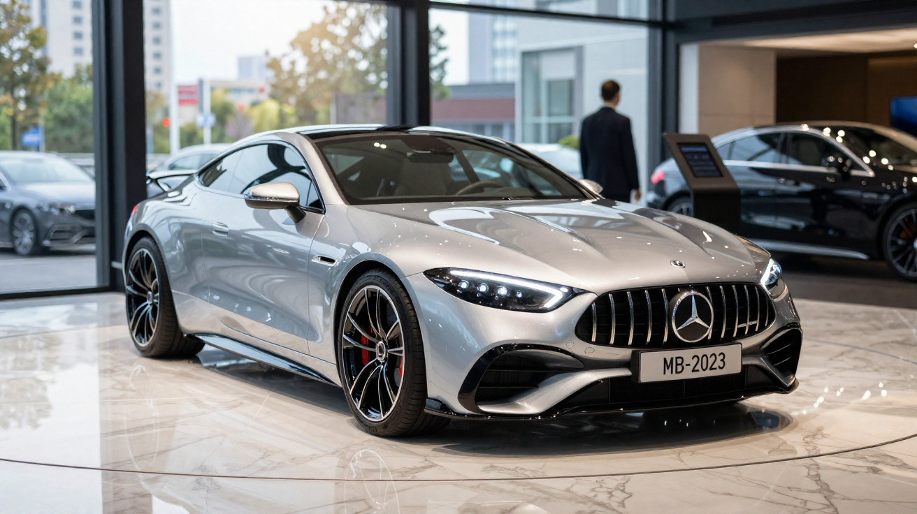 Carro esportivo Mercedes-Benz prata exibido em salão moderno com piso de mármore.