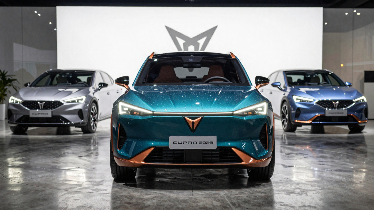 Três carros Cupra 2023 em exposição, com destaque para o modelo azul e detalhes em cobre à frente.