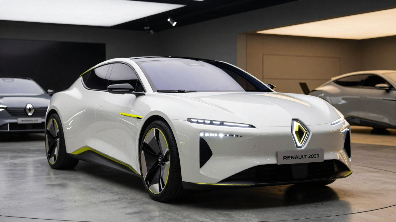 Carro elétrico conceito Renault 2023 branco com detalhes em amarelo neon em showroom moderno.