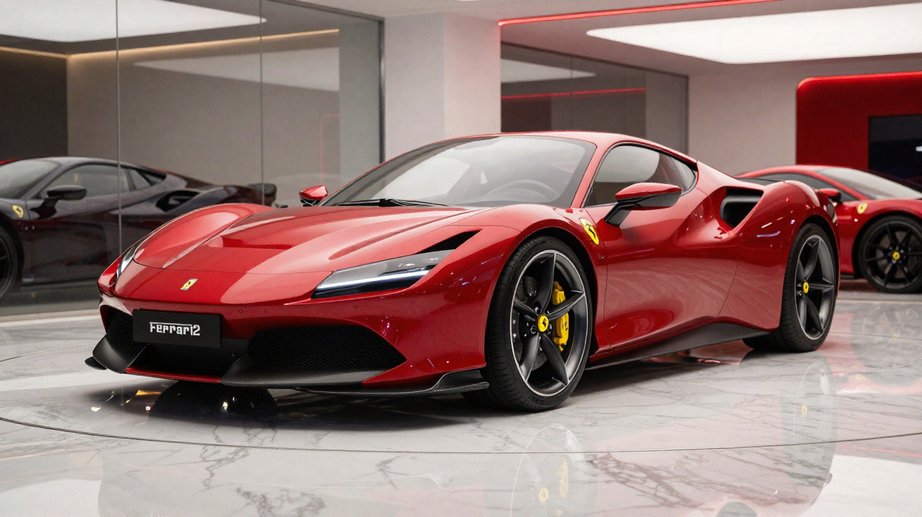 Carro esportivo Ferrari vermelho estacionado em ambiente interno com piso de mármore branco.
