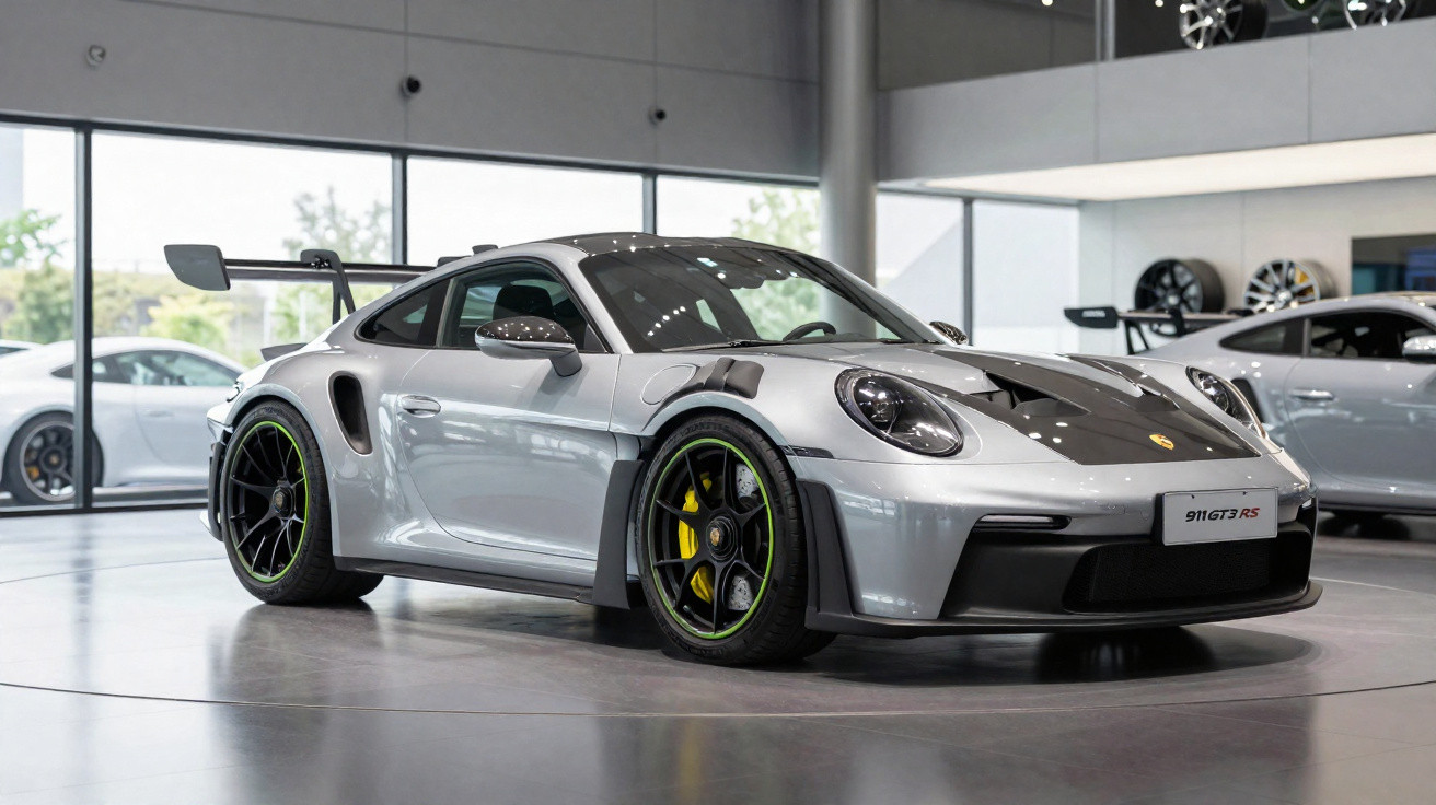Carro esportivo Porsche 911 GT3 RS prata com detalhes verdes em showroom moderno.