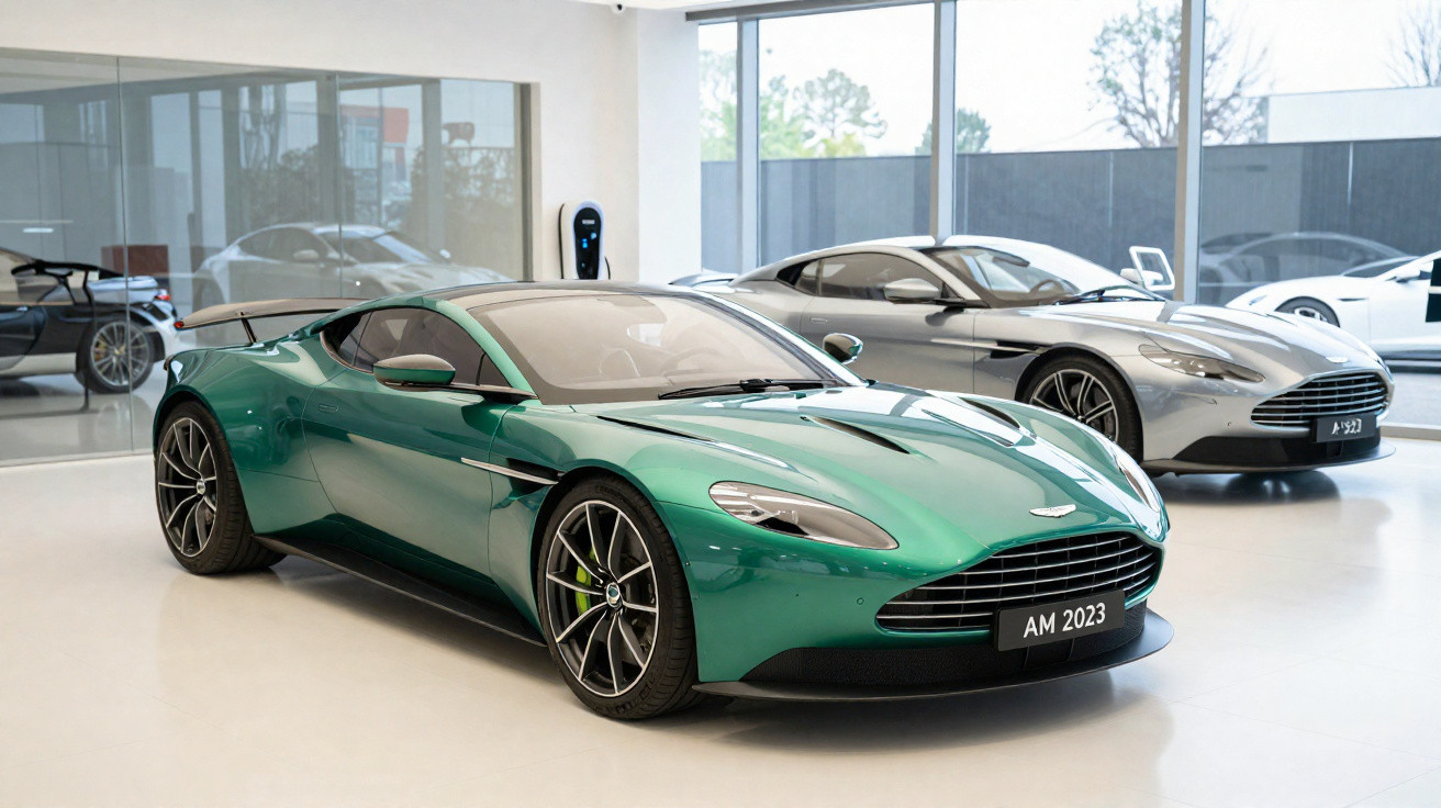 Dois carros esportivos Aston Martin modelos 2023 exibidos em showroom com piso branco e janelas grandes.