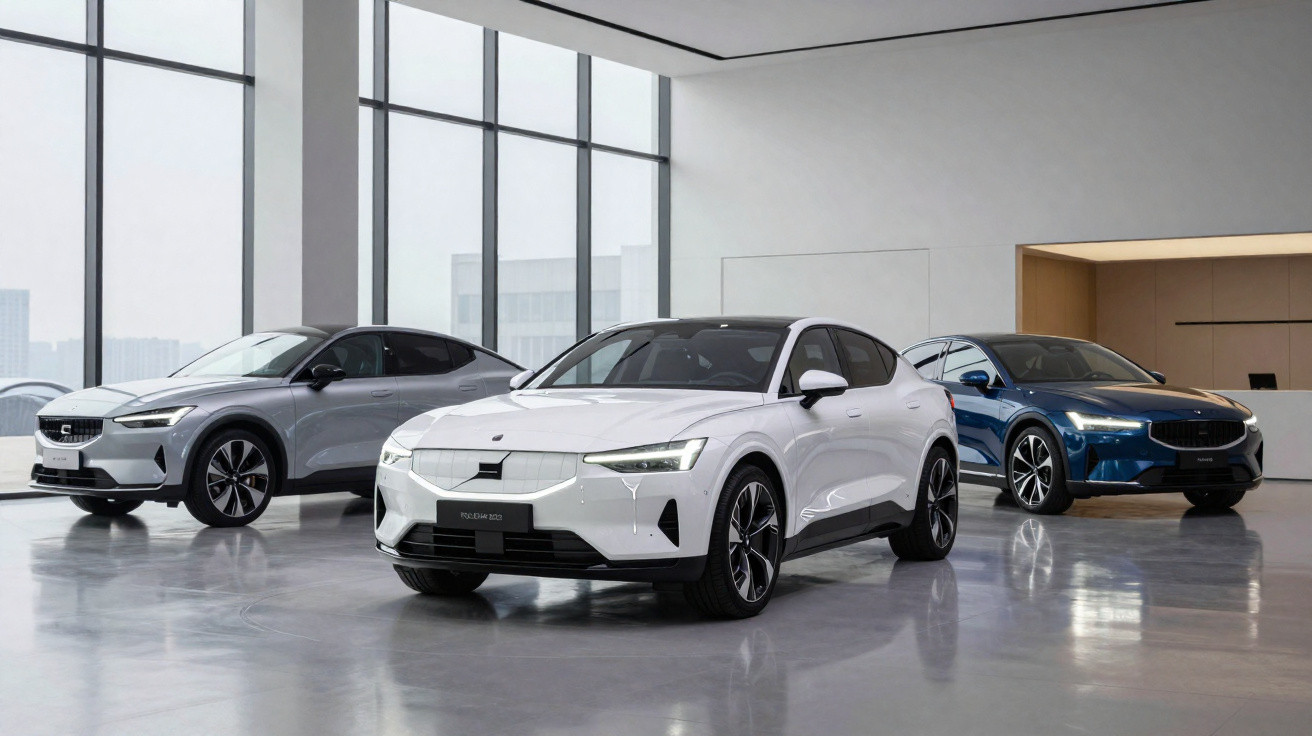 Três carros elétricos Polestar em destaque em showroom moderno com piso lustroso e paredes de vidro.