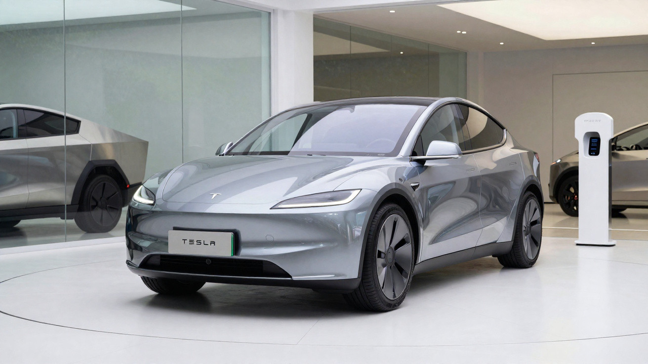 Carro elétrico prateado Tesla 2023 exposto em showroom moderno e iluminado.