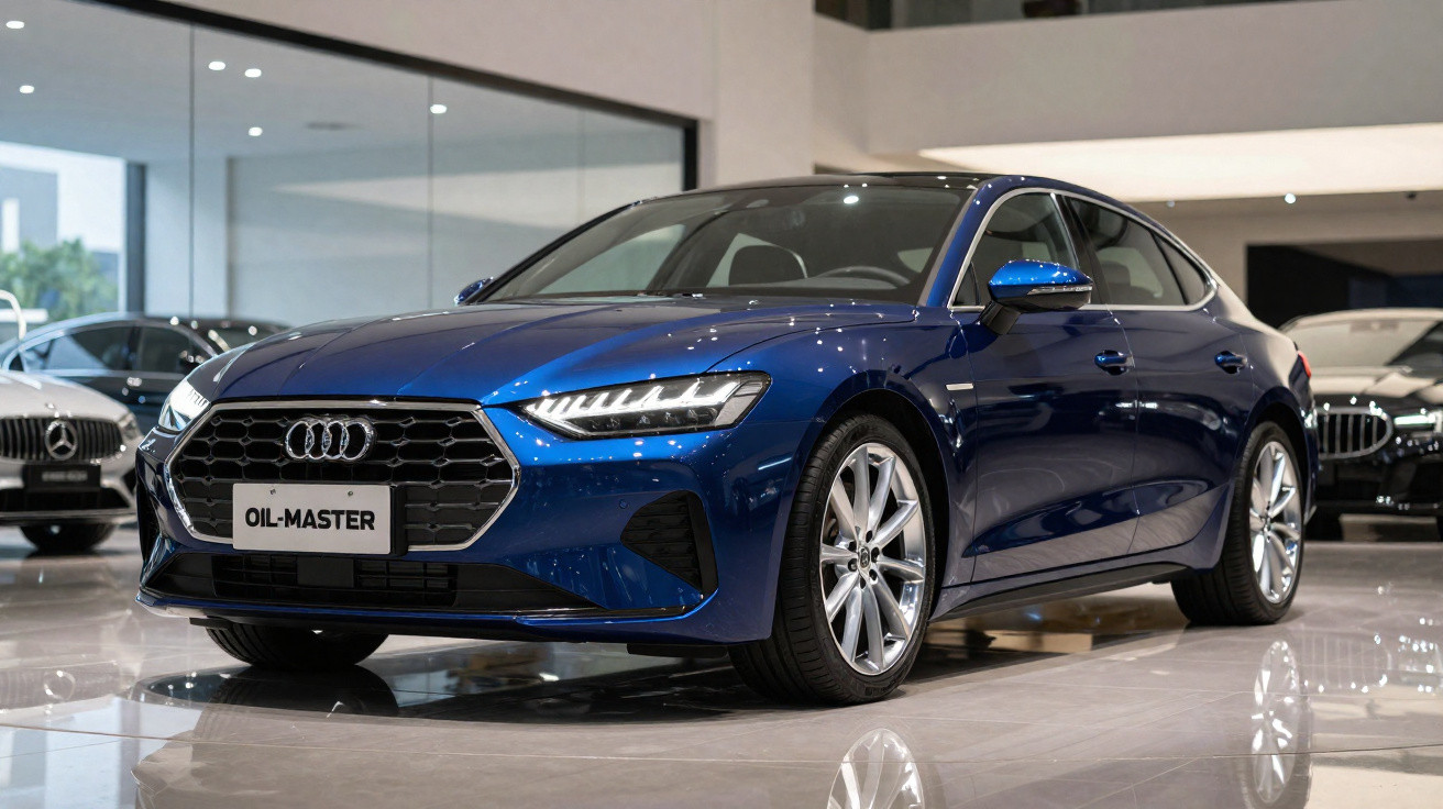 Carro esportivo azul brilhante exibido em showroom com piso espelhado e iluminação moderna.