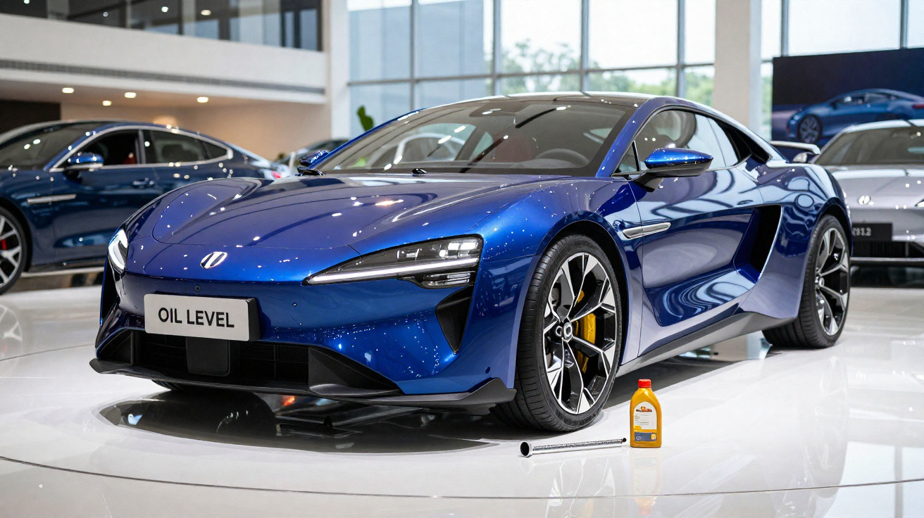 Carro esportivo azul em showroom com óleo de motor e chave ao lado no chão.