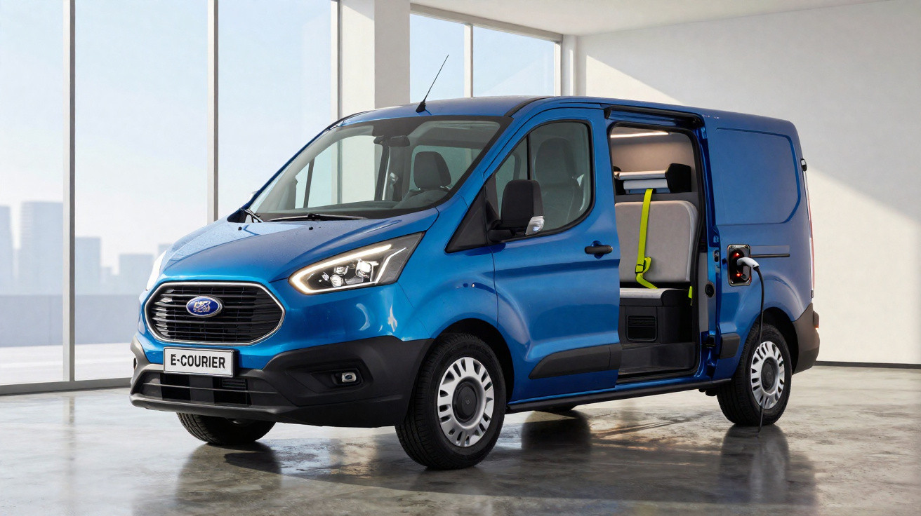 Van azul elétrica Ford E-Courier estacionada em ambiente interno com portas traseiras abertas.