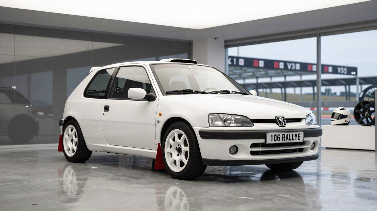 Carro branco Peugeot 106 Rallye estacionado em galeria moderna com capacete e roda ao fundo.