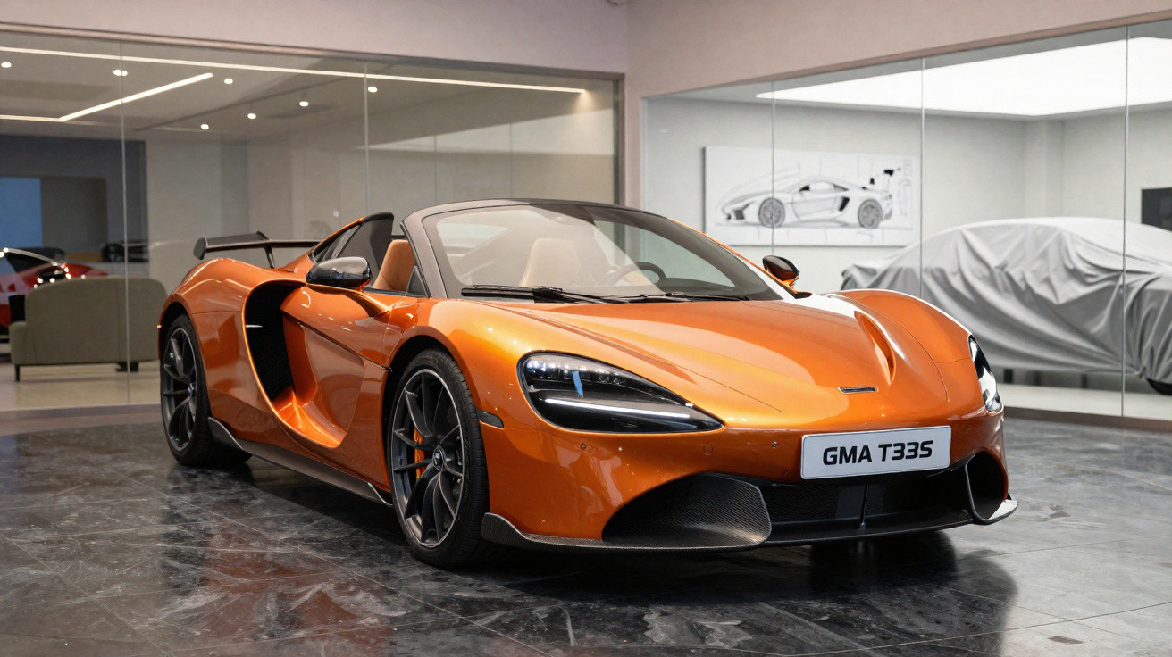 Carro esportivo conversível laranja estacionado em showroom moderno com outro carro ao fundo.