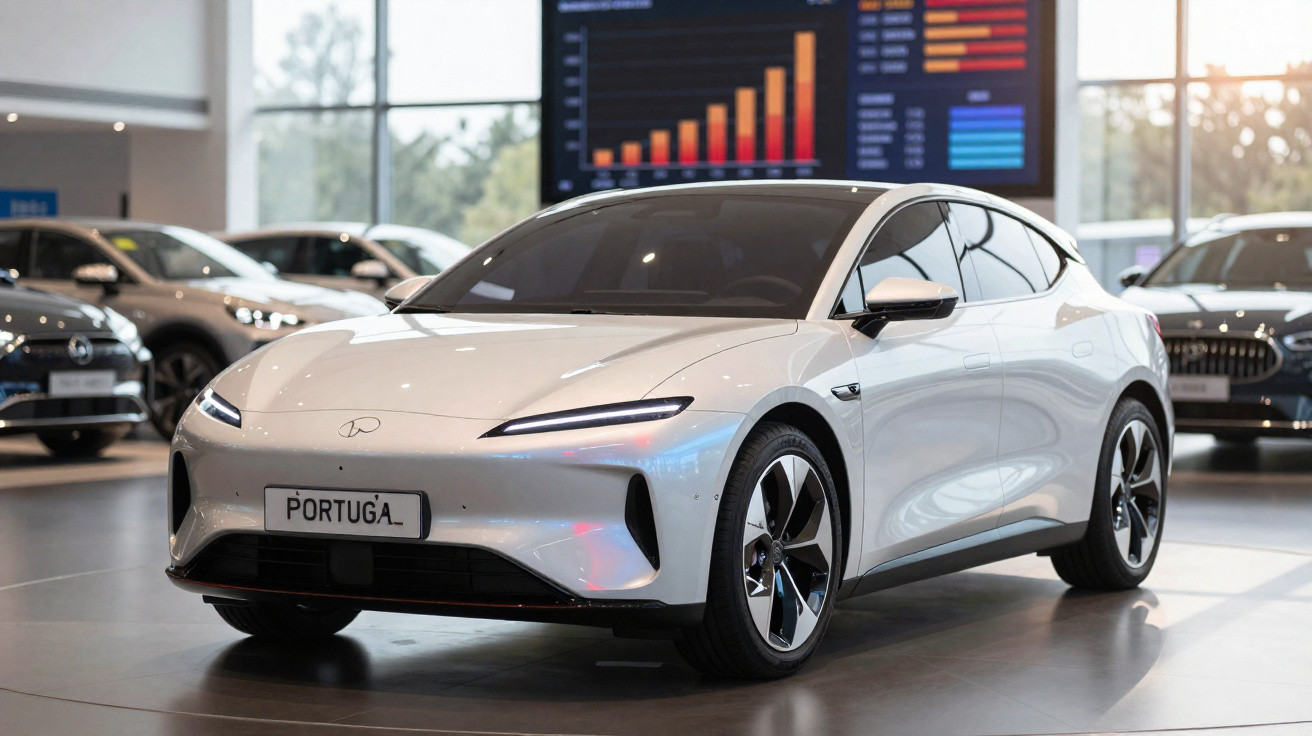 Carro elétrico branco moderno exposto em showroom com placa "Portugal" e outras marcas ao fundo.