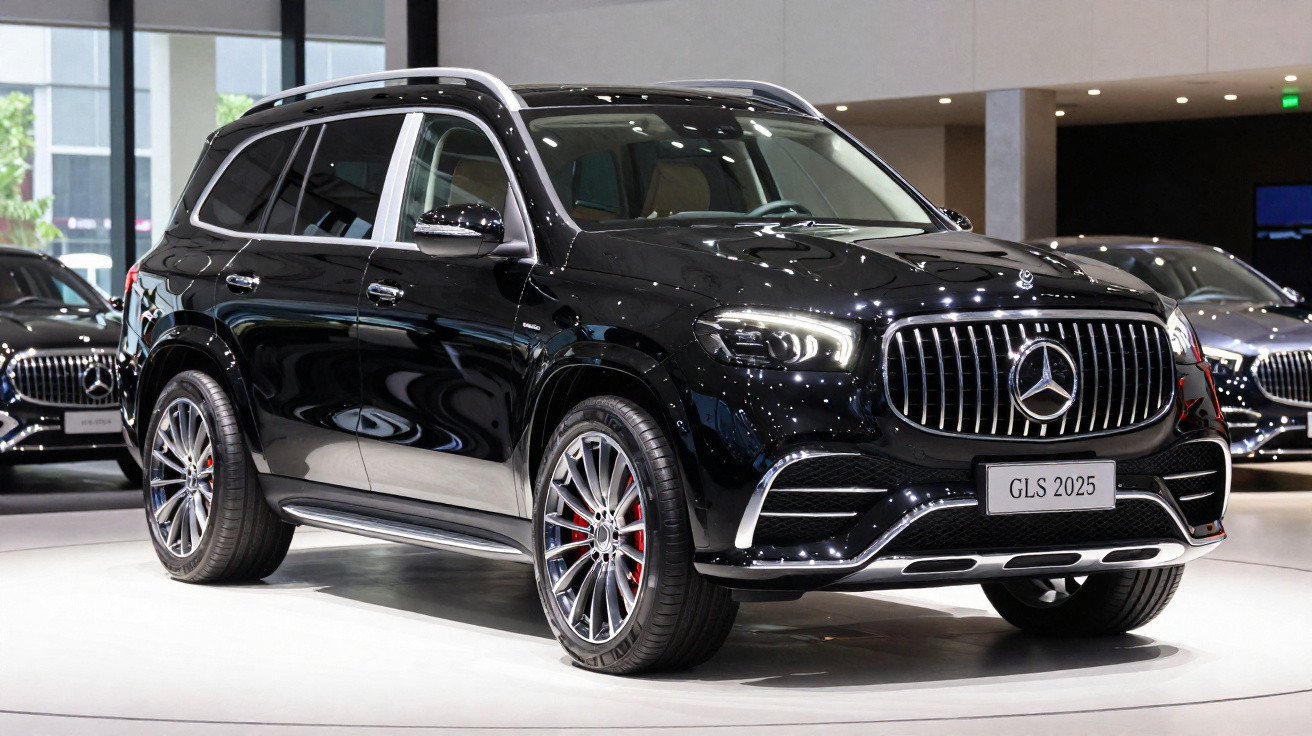 SUV Mercedes-Benz GLS 2025 preto exibido em showroom moderno com iluminação focada.